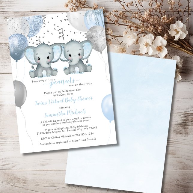 Elephant Twin Boys Balloon Virtual Baby Dusche Einladung (Elephant Twin Boys Balloon Virtual Baby Shower Invitation)