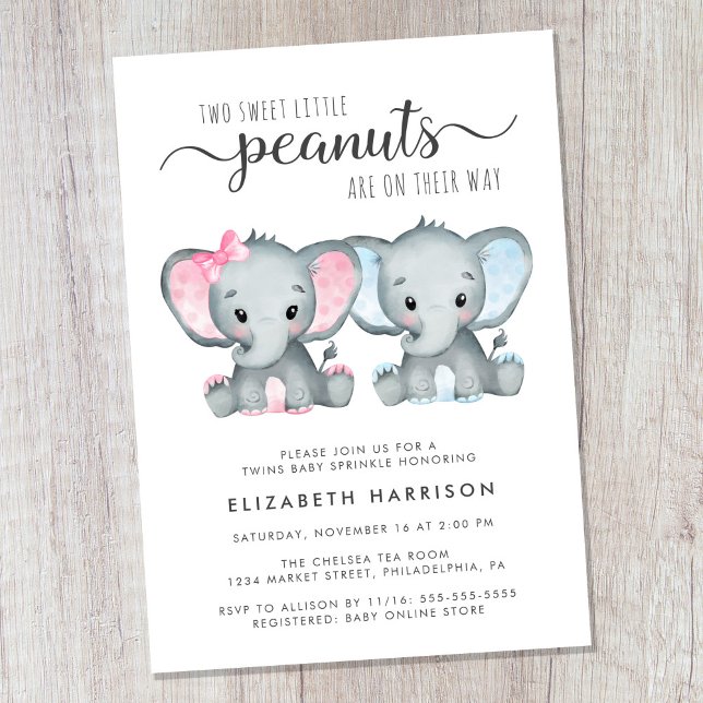 Elephant Twin Girl Boy Baby Sprinkle Einladung (Cute twin boy and girl baby sprinkle invitation)