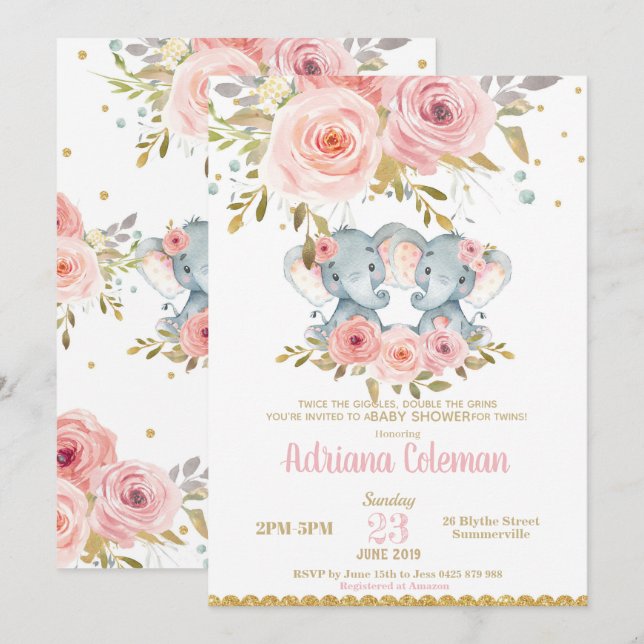 Elephant Twin Girls Baby Shower Einladung Bloral (Vorne/Hinten)