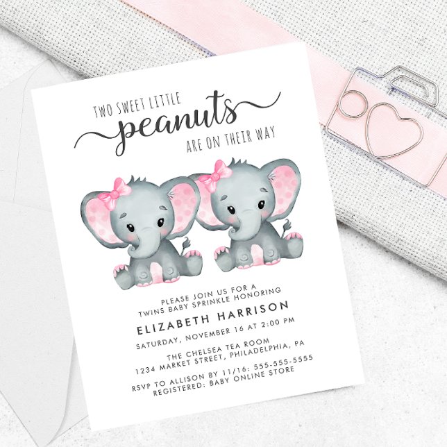 Elephant Twin Girls Baby Sprinkle Budget Einladung (Von Creator hochgeladen)