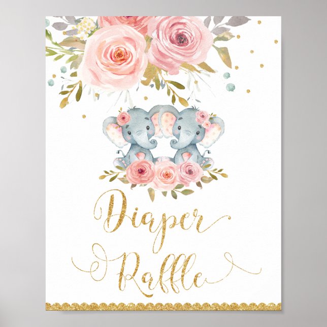 Elephant Twin Girls Babydusche Windeln Raffelzeich Poster (Vorne)