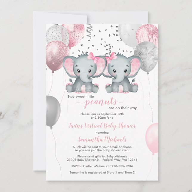 Elephant Twin Girls Balloon Virtual Baby Dusche in Einladung (Vorderseite)