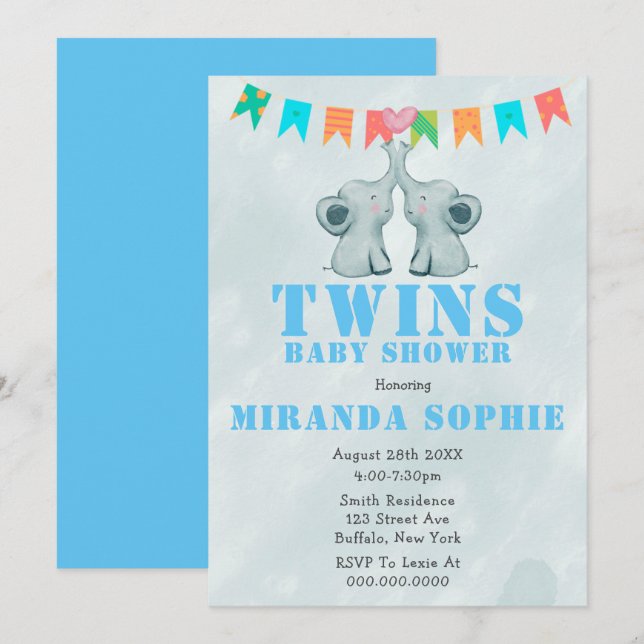 Elephant Twins Aquarelle Bébé Douche Invitations (Devant / Derrière)