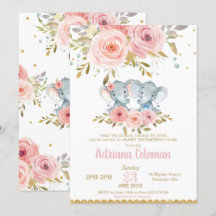 Elephant Twins Boy Girl Babydusche Rosa Floral