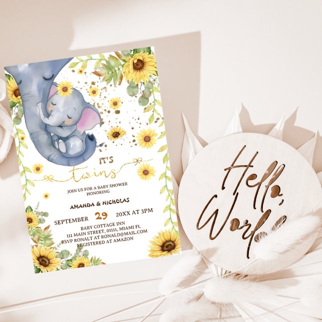 Elephant Twins Greenery Boho Baby Shower Einladung (Von Creator hochgeladen)