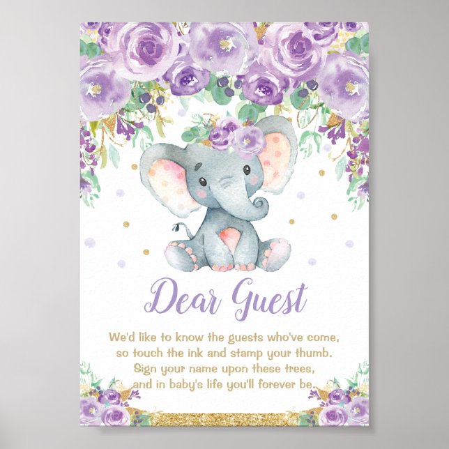 Elephant violet Baby shower empreinte livre d'or (Devant)