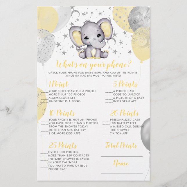 Elephant Was ist auf Ihrem Handy Baby Shower Game? (Vorderseite)