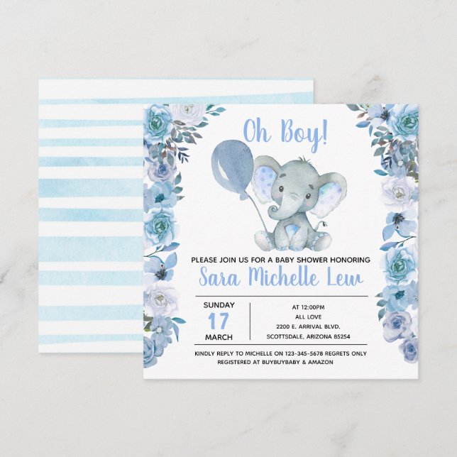 Elephant Watercolor Babydusche Einladung (Vorne/Hinten)