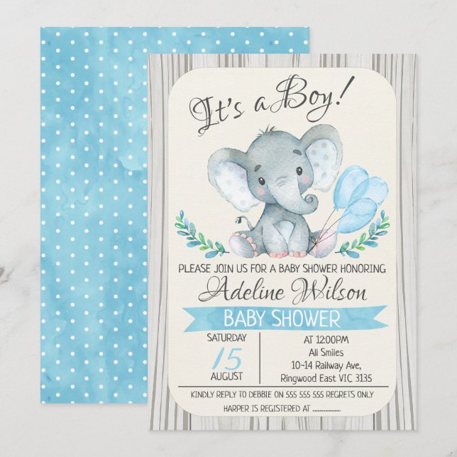 Elephant Watercolor Babydusche Einladung (Vorne/Hinten)