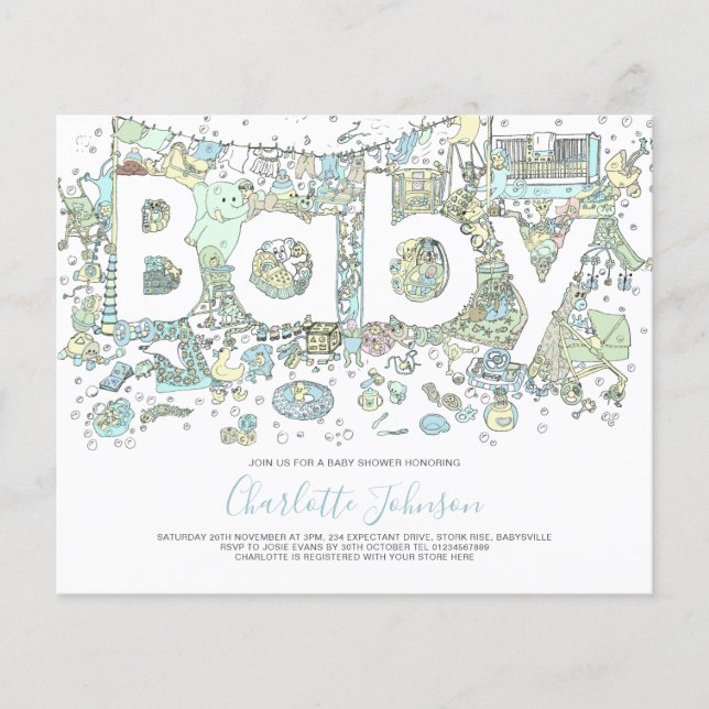 Elephant Watercolor Boys Budget Baby Dusche blau Flyer (Vorne)