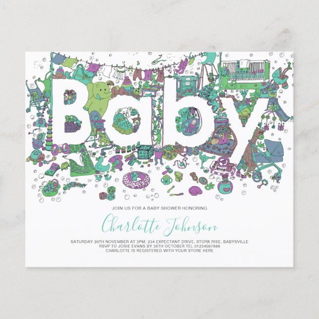 Elephant Watercolor Budget Baby Dusche Flyer (Vorne)