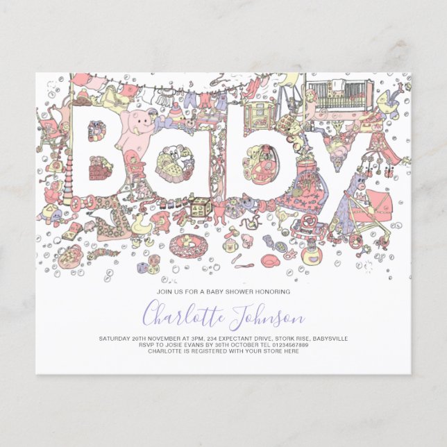Elephant Watercolor Budget Babydusche Lila Flyer (Vorne)