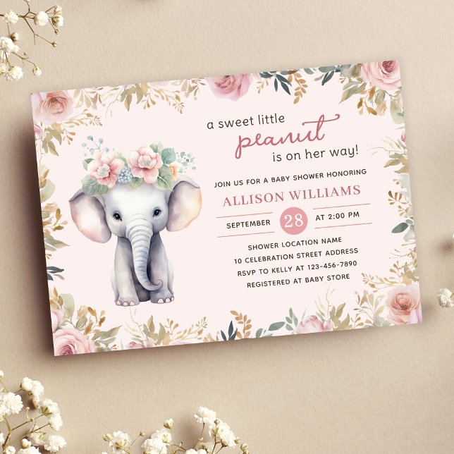 Elephant Watercolor Floral Girl Babydusche Einladung (Von Creator hochgeladen)