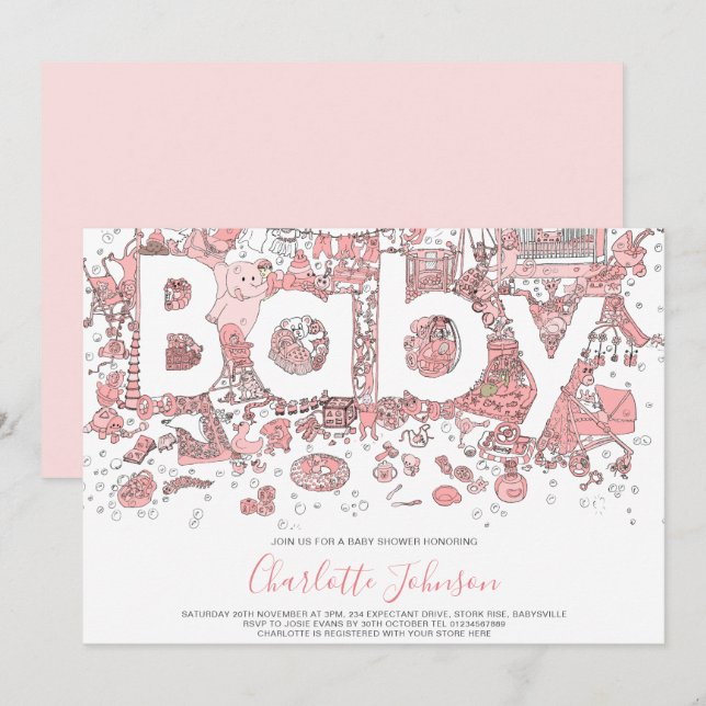 Elephant Watercolor Pink Baby Dusche Einladung (Vorne/Hinten)