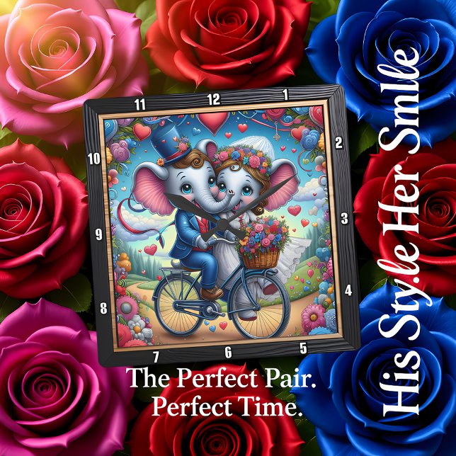 Elephant Wedding Bicycle Romantic Quadratische Wanduhr (Von Creator hochgeladen)