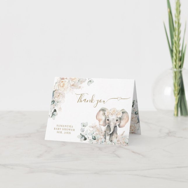 Elephant White Roses Boho Pampas Baby Girl Dusche Dankeskarte (Vorderseite)