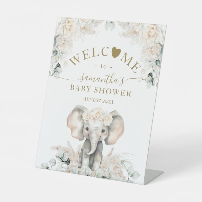Elephant White Roses Boho Pampas Baby Girl Dusche Sockelschild (Vorderseite)