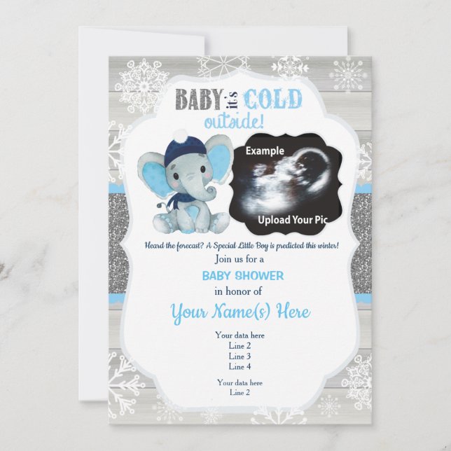 Elephant Winter Ultrasound Invitation Baby Dusche Einladung (Vorderseite)