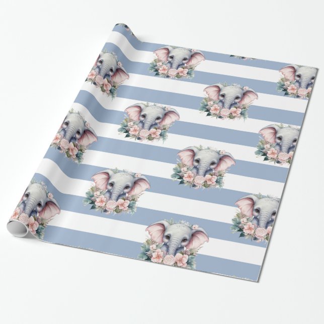 Elephant Wrapping Paper Blue & White Stripe  Geschenkpapier (Ungerollt)