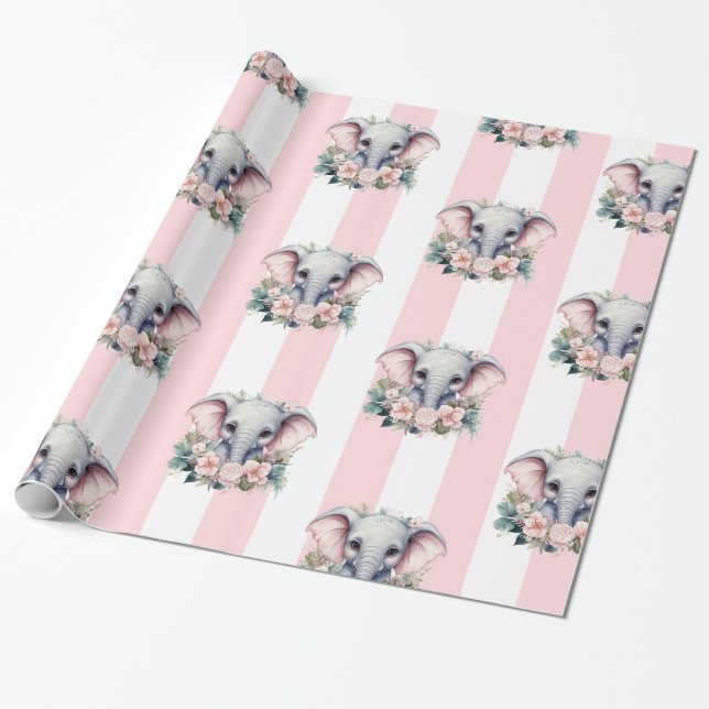 Elephant Wrapping Paper Pink & White Stripe  Geschenkpapier (Ungerollt)