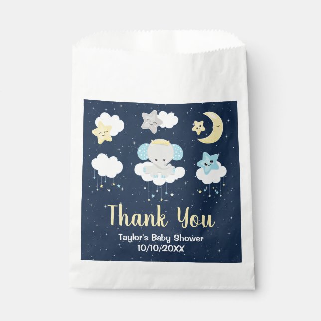 Elephant Yellow and Navy Baby Dusche Vielen Dank Geschenktütchen (Vorderseite)