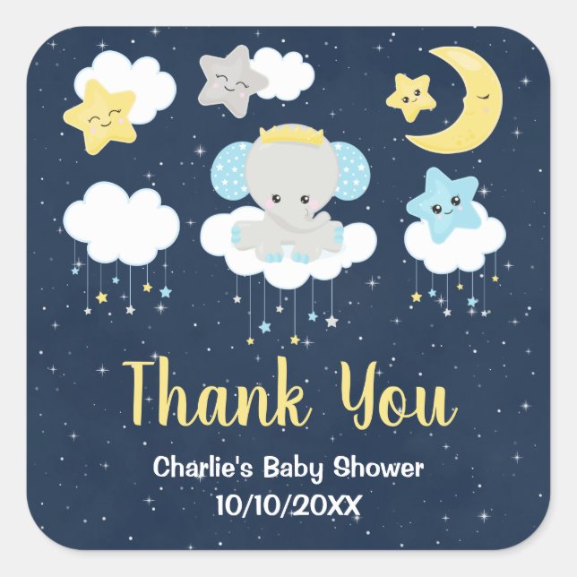Elephant Yellow and Navy Baby Dusche Vielen Dank Quadratischer Aufkleber (Vorderseite)
