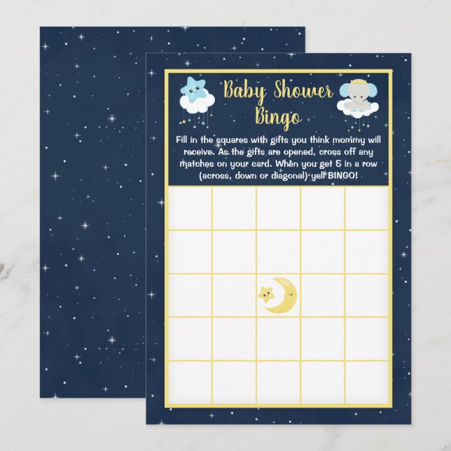 Elephant Yellow and Navy Baby Shower Bingo Einladung (Vorne/Hinten)