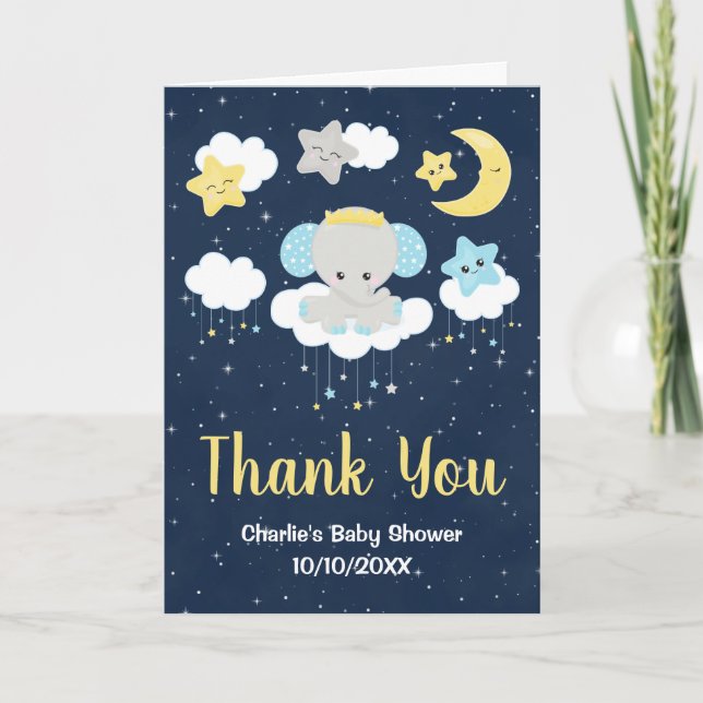 Elephant Yellow and Navy Baby Shower Dankeskarte (Vorderseite)