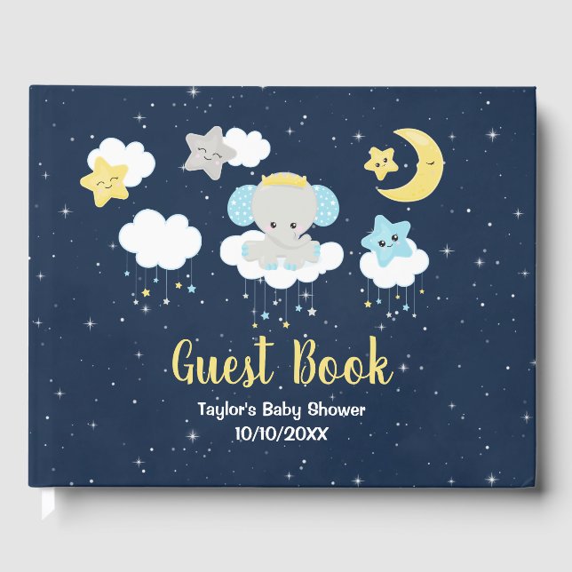 Elephant Yellow and Navy Baby Shower Gästebuch (Vorderseite)