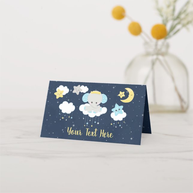 Elephant Yellow and Navy Baby Shower Platzkarte (Vorderseite)