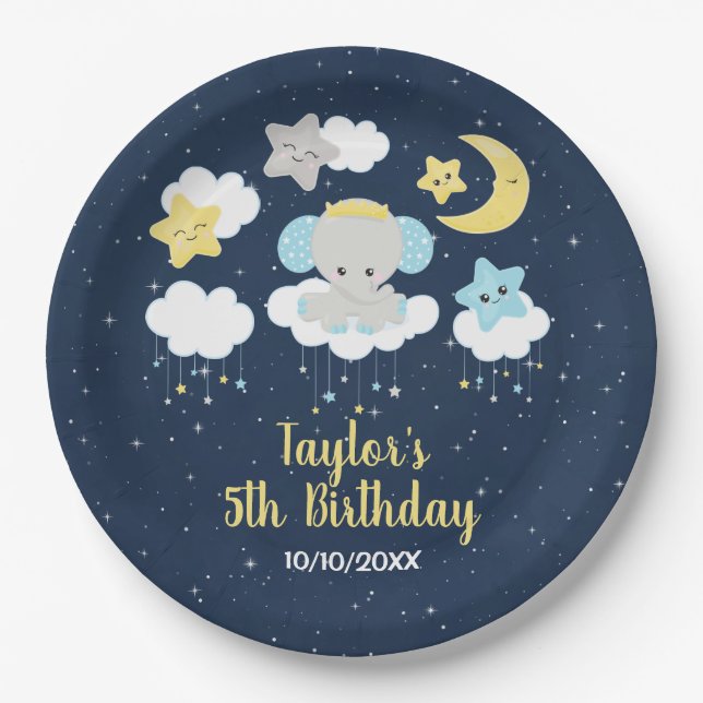 Elephant Yellow and Navy Birthday Party Pappteller (Vorderseite)