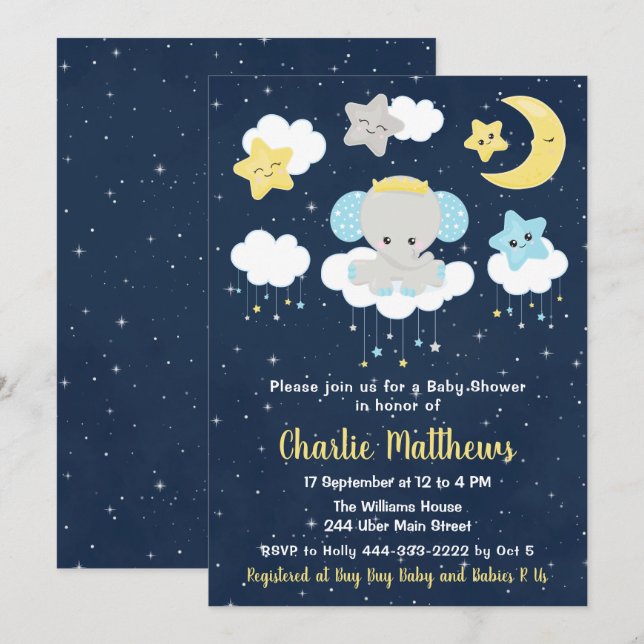 Elephant Yellow and Navy Blue Baby Shower Einladung (Vorne/Hinten)