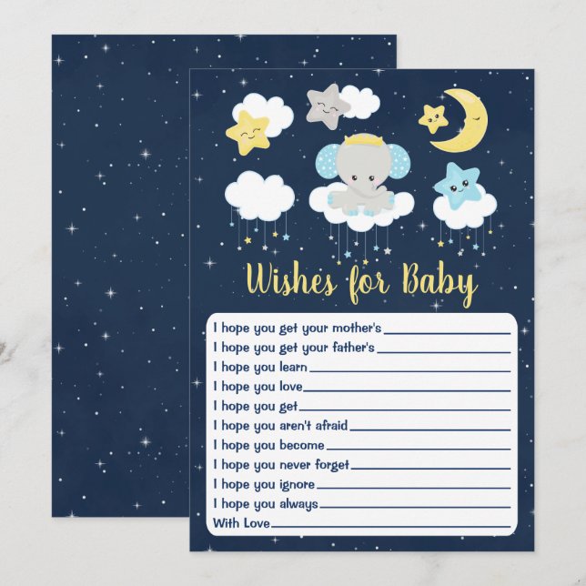 Elephant Yellow Navy Baby Dusche Wünsche für Baby Einladung (Vorne/Hinten)