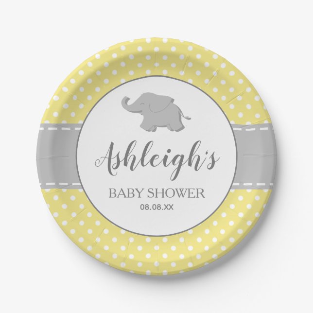 Elephant Yellow Polka Dot Baby Dusche Pappteller (Vorderseite)