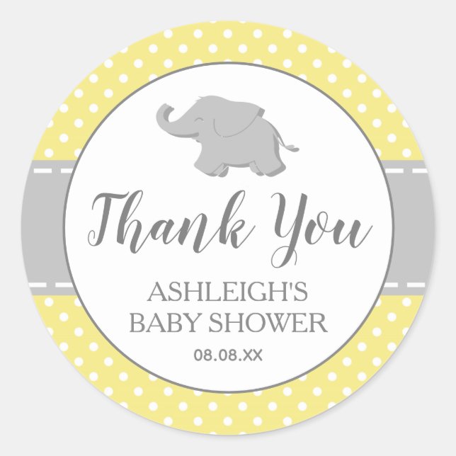 Elephant Yellow Polka Dot Baby Dusche Runder Aufkleber (Vorderseite)