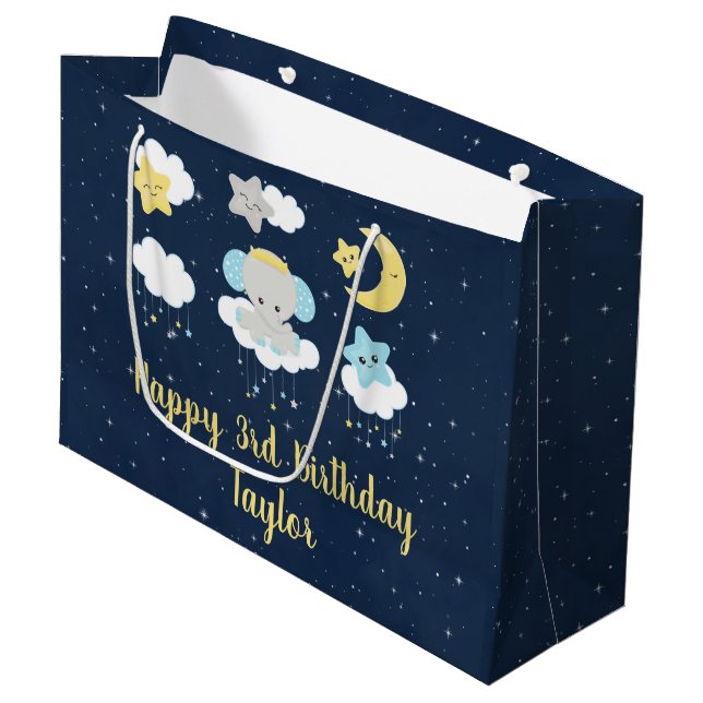 Elephant Yellow und Navy Happy Birthday Große Geschenktüte (Vorderseite Schrägansicht)