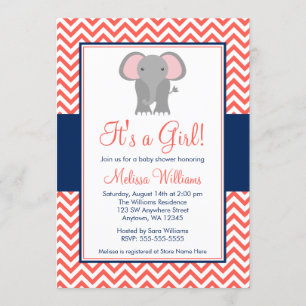 Elephant Zickzack Coral Navy Blue Girl Baby Dusche Einladung