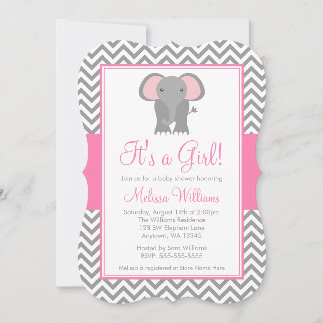 Elephant Zickzack Pink Gray Girl Babydusche Einladung (Vorderseite)