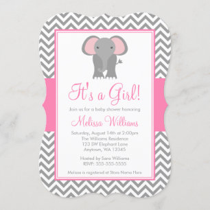 Elephant Zickzack Pink Gray Girl Babydusche Einladung