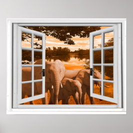 Elephanten Sunset View Trompe l'oeil Fake Window Poster