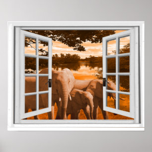 Elephanten Sunset View Trompe l'oeil Fake Window Poster