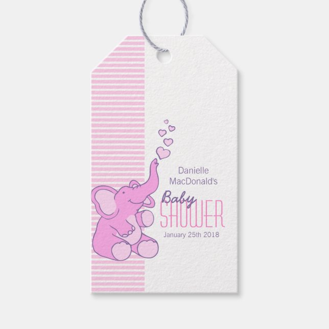 Elephantische Babyduschgeschenke rosa Markierung Geschenkanhänger (Vorderseite)