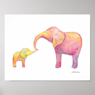 Elephantische Mama & Baby Kinderzimmer Art Wasserf Poster