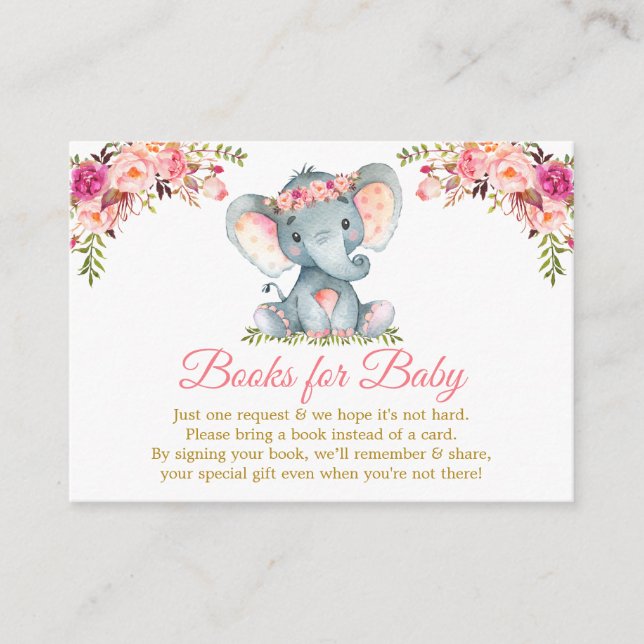 Elephantische rosa Blumenbücher für Babydusche Gol Begleitkarte (Vorderseite)