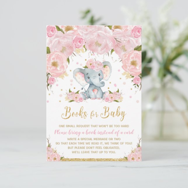 Elephantische Rosa Blumenbücher für Babykarten Einladung (Stehend Vorderseite)