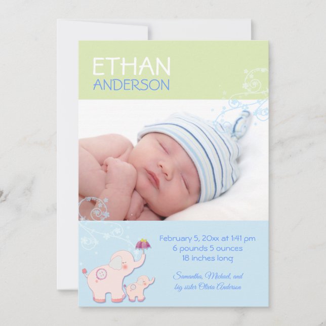 Elephants Baby Boy Foto Geburtsankündigung Ankündigung (Vorderseite)