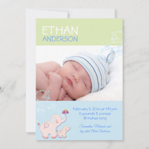 Elephants Baby Boy Foto Geburtsankündigung Ankündigung