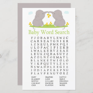 Elephants Baby Shower Word Search Game