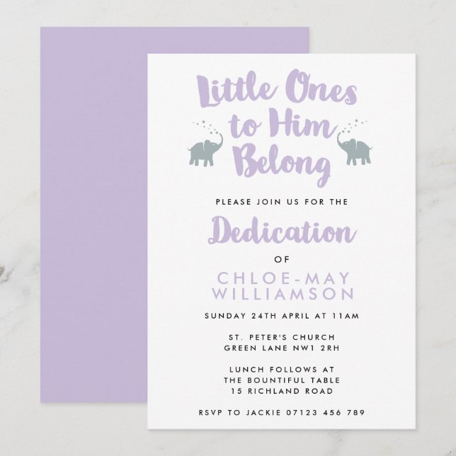 Elephants Christian Dedication Invitation | Lilac (Devant / Derrière)