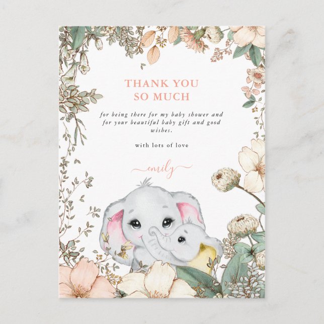 Elephants Foliage Coral Baby Dusche Vielen Dank Postkarte (Vorderseite)